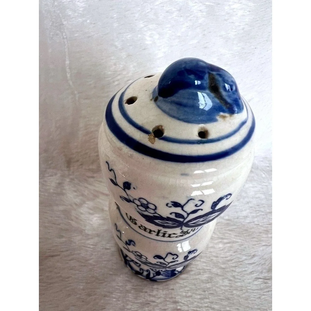 Vintage Blue Onion Decor Ceramic Spice Jar Set Garlic Salt Onion Ginger Japan